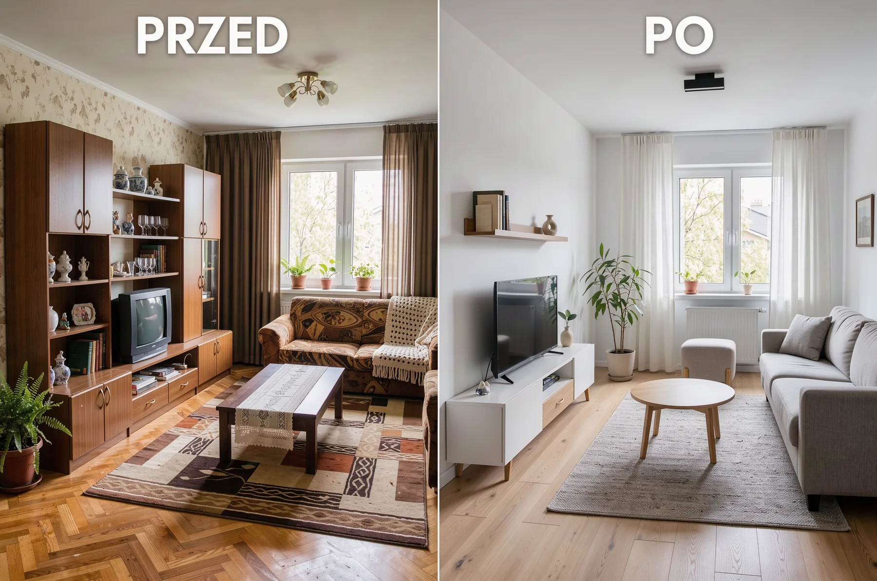 Porównanie salonu przed i po remoncie: meblościanka z lat 90. i minimalistyczne wnętrze