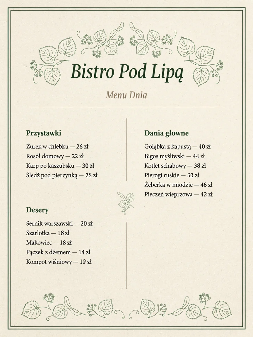 Po edycji: menu Bistro Pod Lipą z cenami podniesionymi o 2 zł