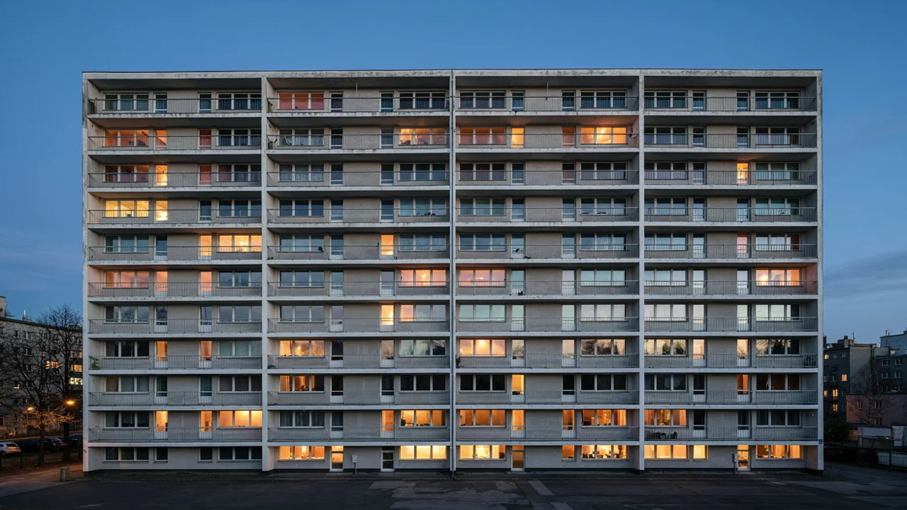 Przed edycją: modernistyczny blok o niebieskiej godzinie z zapalonymi oknami