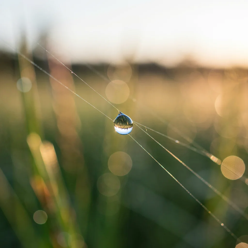 Makrofotografia kropli rosy na nici pajęczyny o wschodzie słońca, w kropli odbita łąka, rozmyte tło z bokeh