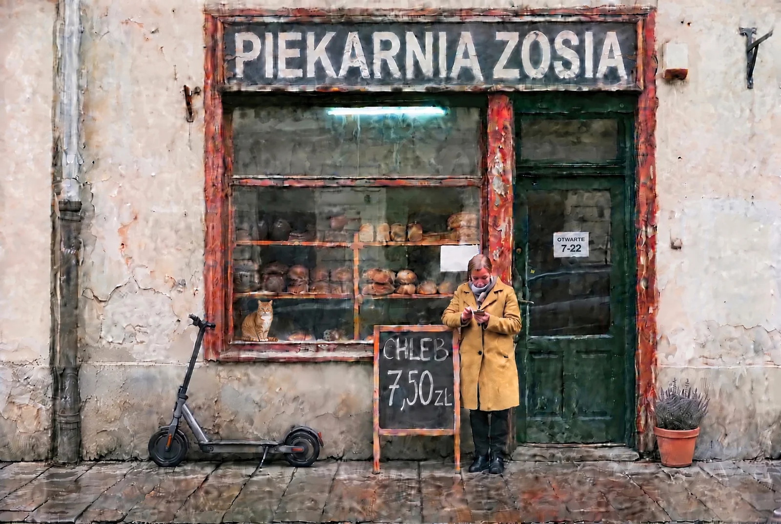 GPT Image 2.5 Sunburst po 10 edycjach: piekarnia z cieplejszą, ostrzejszą ścianą i kotem za szybą witryny