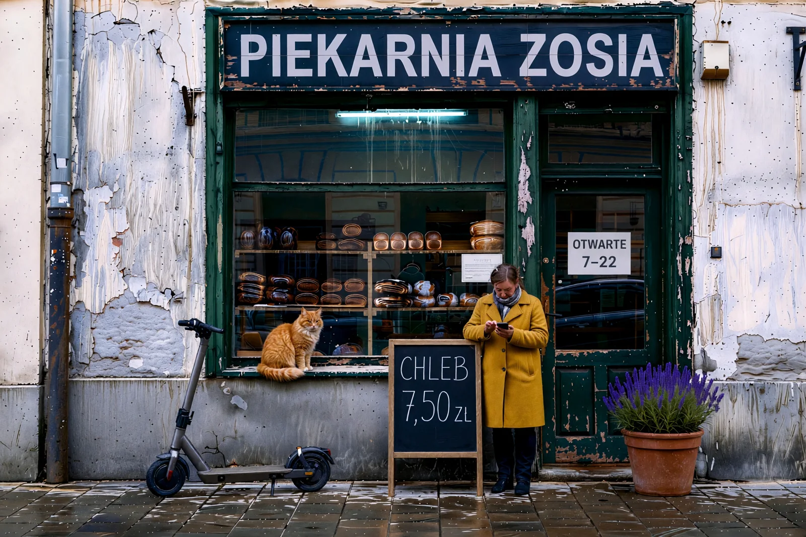 Grok Imagine 2 po 10 edycjach: piekarnia z zieloną ramą i zimną szaroniebieską, mocno przerysowaną ścianą