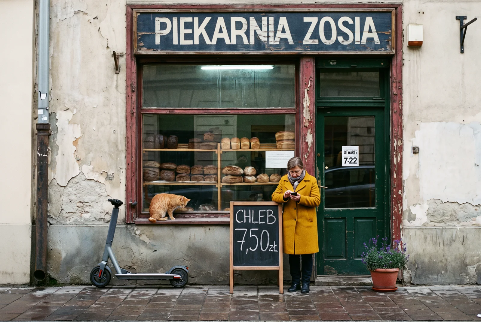 Ideogram 4.5 po 10 edycjach: piekarnia z szyldem PIEKARNIA ZOSIA, zielonymi drzwiami, kotem na parapecie i kobietą w musztardowym płaszczu