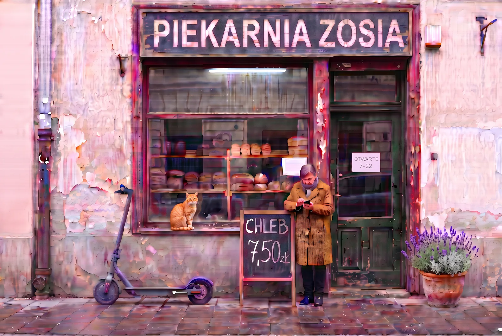 Nano Banana 2 po 10 edycjach: piekarnia z mocno różowym zabarwieniem całego zdjęcia