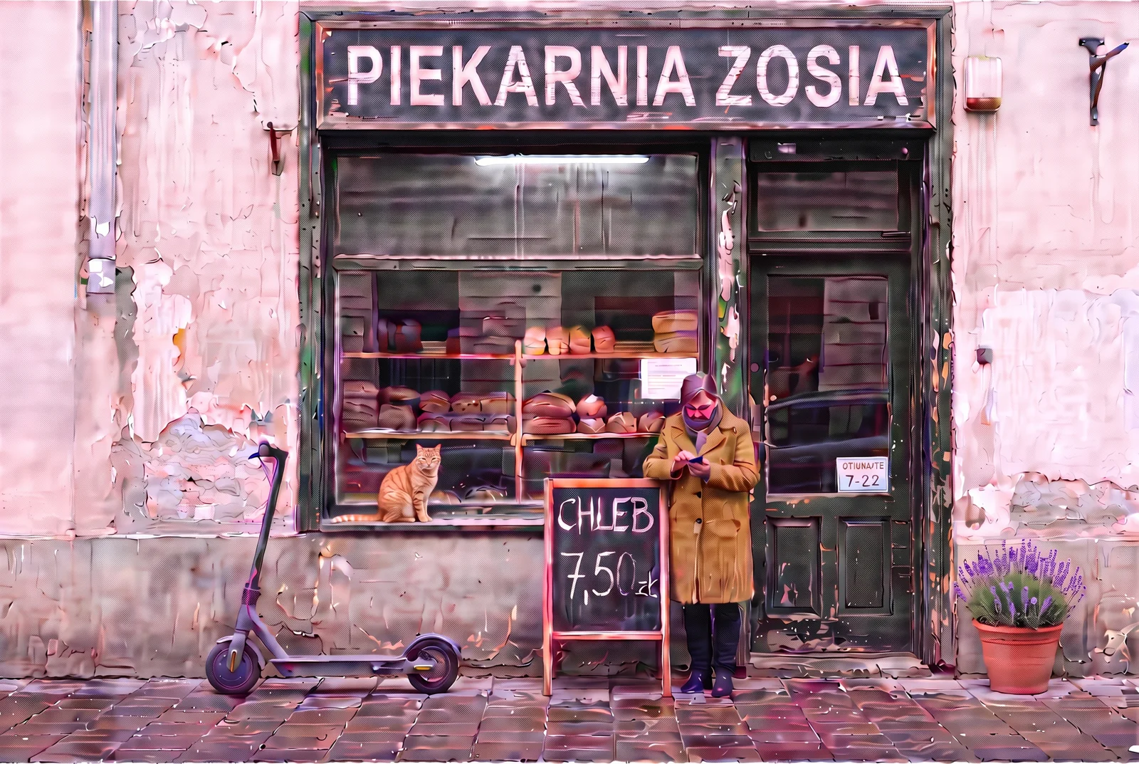 Nano Banana Pro po 10 edycjach: piekarnia z różową ścianą i zieloną ramą witryny