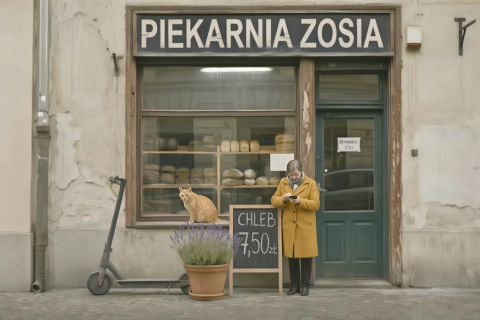 Qwen Image 3 po 10 edycjach: wyblakła piekarnia z donicą lawendy przed tablicą