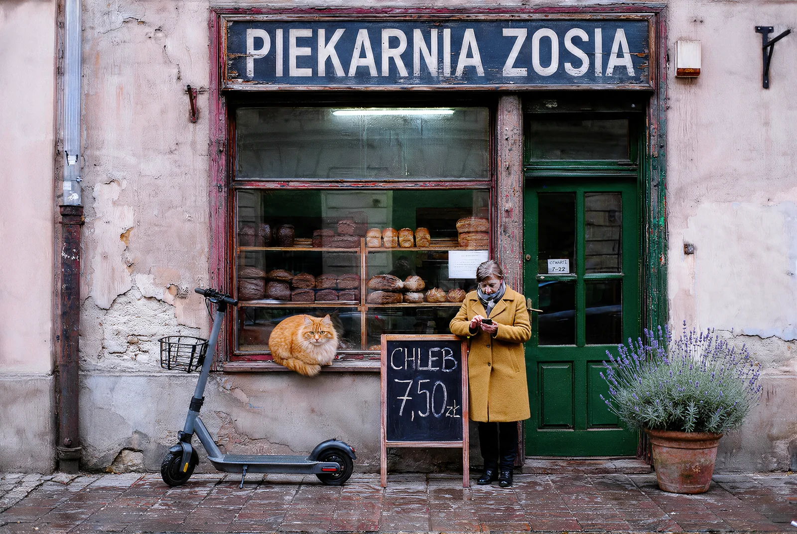 Seedream 5 Pro po 10 edycjach: piekarnia z nowymi jasnozielonymi przeszklonymi drzwiami i różowawą ścianą