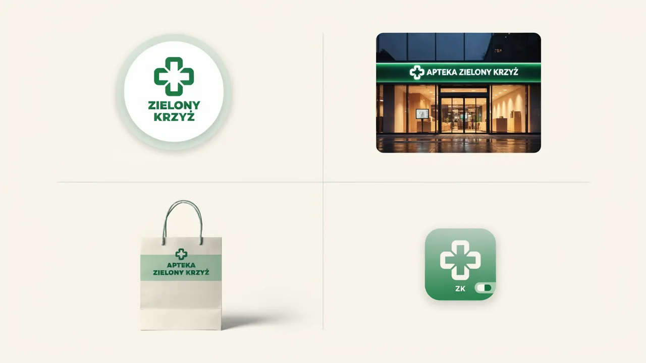 Rebranding apteki Zielony Krzyż: logo z zielonym krzyżem, witryna apteki nocą, torba na zakupy i ikona aplikacji