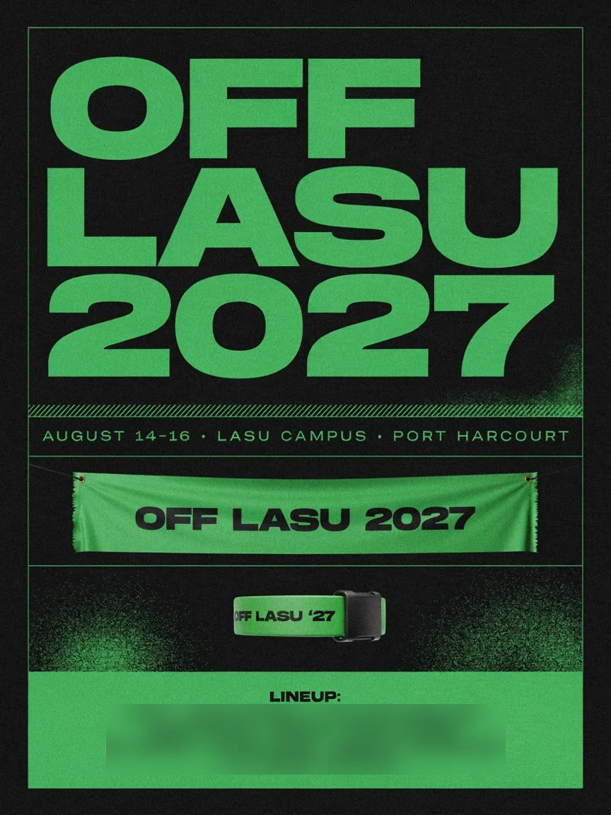 Plakat festiwalu Off Lasu 2027 w kolorze kwaśnej zieleni na czarnym tle z banerem, opaską na rękę i listą wykonawców