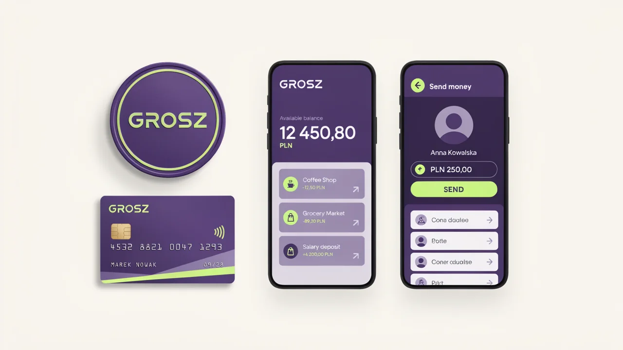 Identyfikacja aplikacji fintech Grosz w fiolecie i limonce: logo w kształcie monety, karta płatnicza i dwa ekrany aplikacji z saldem w PLN