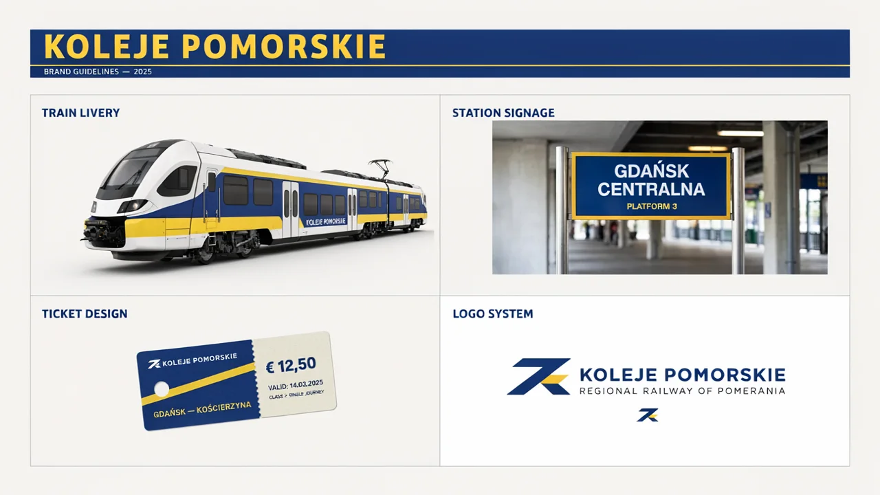 Strona brandbooka kolei regionalnej Koleje Pomorskie: pociąg w niebiesko-żółtych barwach, tablica stacyjna, bilet i logo