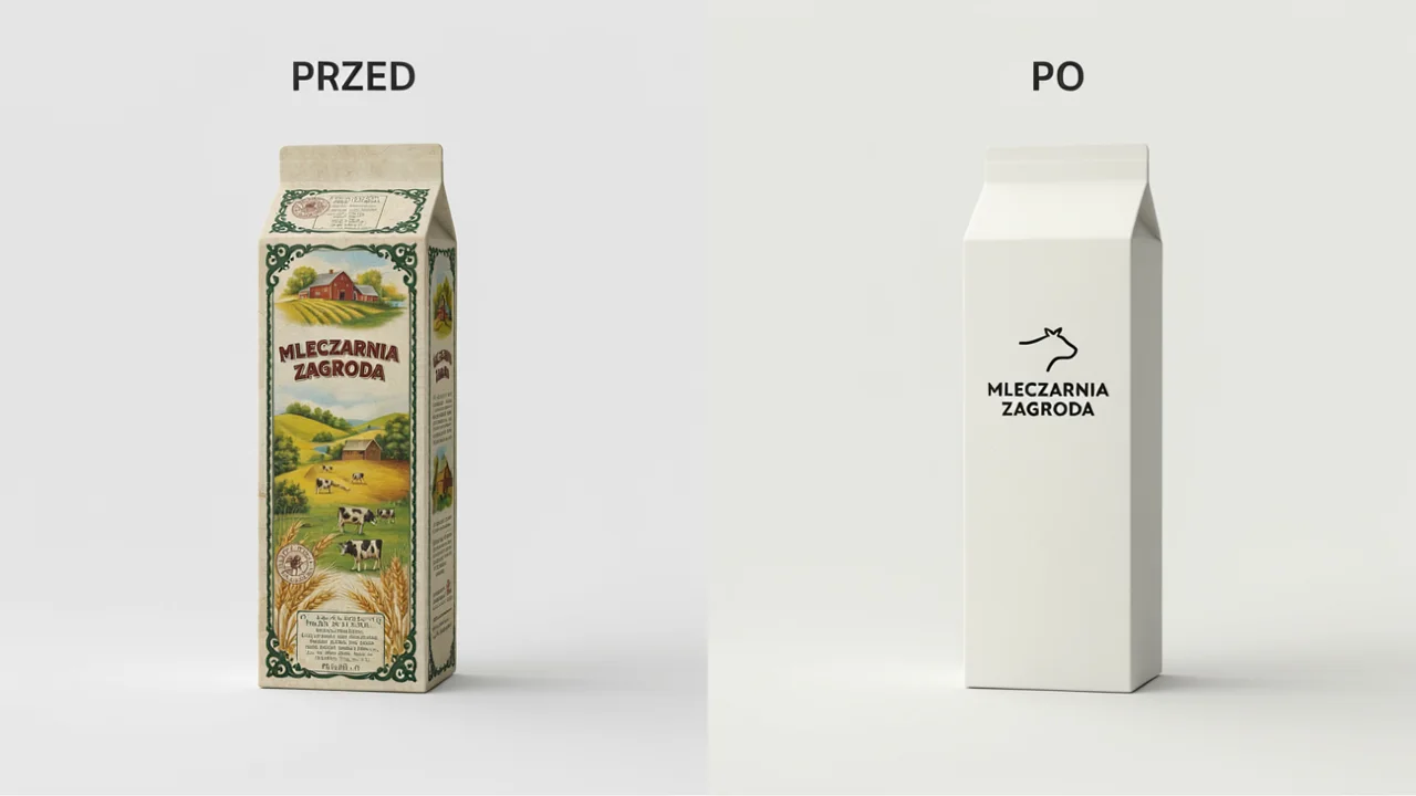 Rebranding kartonu mleka Mleczarnia Zagroda: po lewej stary karton z wiejskim pejzażem, po prawej minimalistyczny biały karton z ikoną krowy