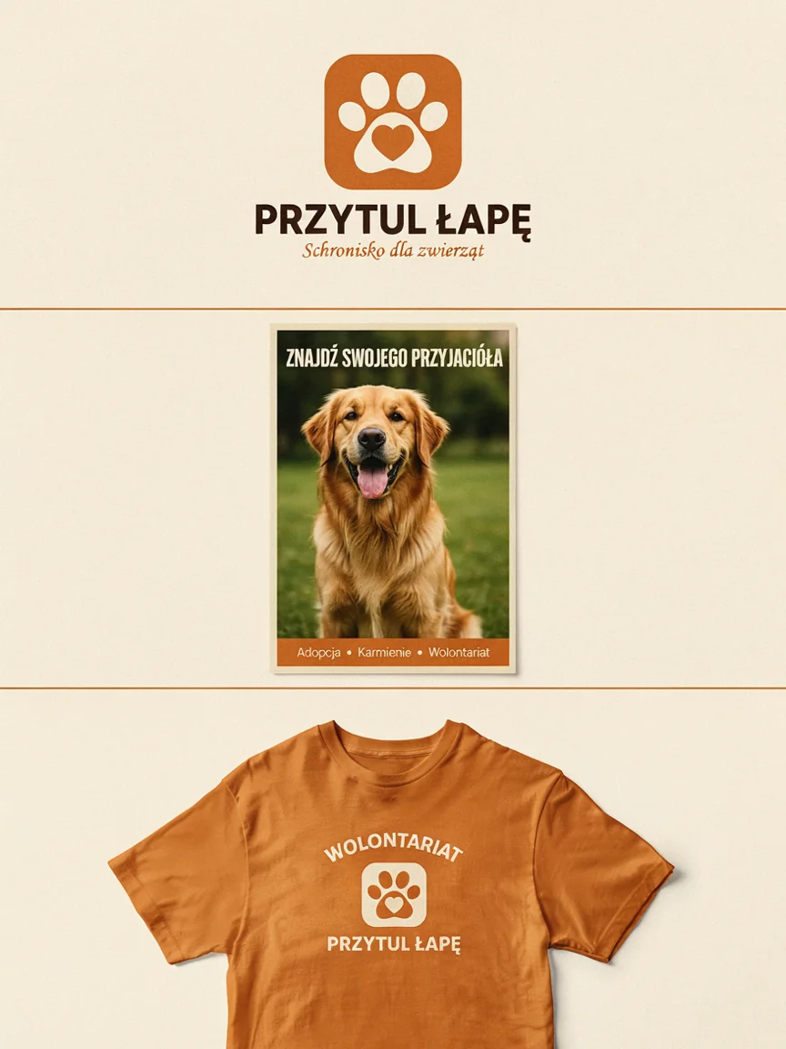 Identyfikacja schroniska Przytul Łapę w kolorze pomarańczowym: logo z łapą i sercem, plakat adopcyjny z golden retrieverem i koszulka wolontariusza