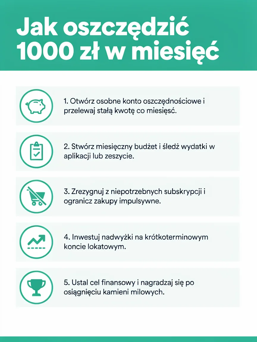 Infografika Jak oszczędzić 1000 zł w miesiąc z pięcioma ponumerowanymi krokami i ikonami w kolorze morskim