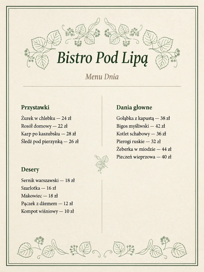 Przed edycją: menu Bistro Pod Lipą z pierwotnymi cenami