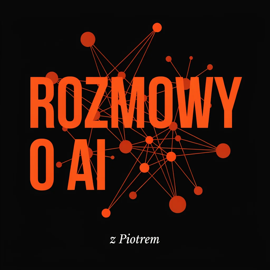 Okładka podcastu Rozmowy o AI: pomarańczowy napis i sieć neuronowa z kropek i linii na czarnym tle, podpis z Piotrem