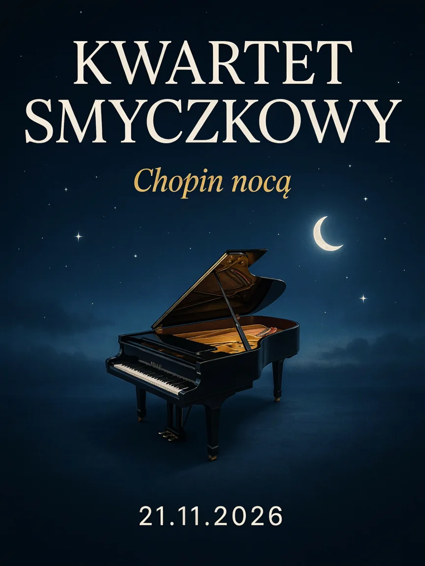 Plakat koncertu Kwartet smyczkowy, Chopin nocą: fortepian pod nocnym niebem z księżycem, data 21.11.2026