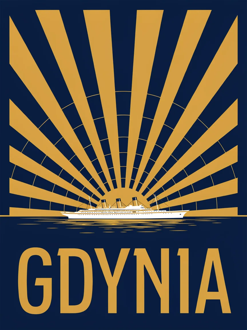 Plakat turystyczny Art Deco: złote promienie słońca nad transatlantykiem na granatowym tle i napis Gdynia