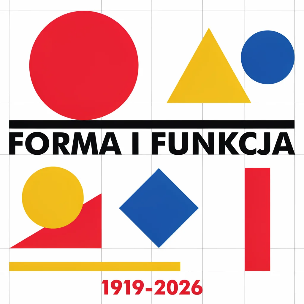 Plakat w stylu Bauhaus: czerwone koło, żółty trójkąt, niebieski romb i napis Forma i funkcja na siatce