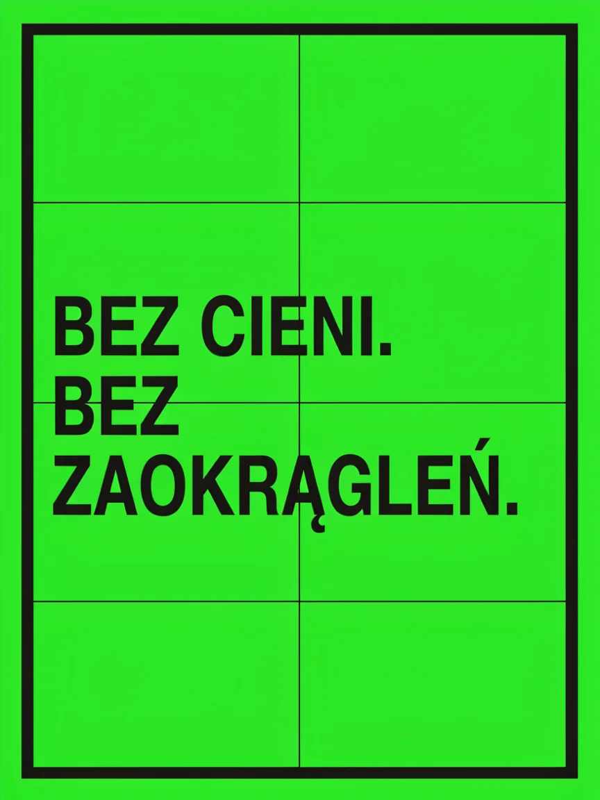 Plakat w stylu neobrutalizmu: jaskrawozielone tło, gruba czarna ramka, siatka i napis Bez cieni. Bez zaokrągleń.