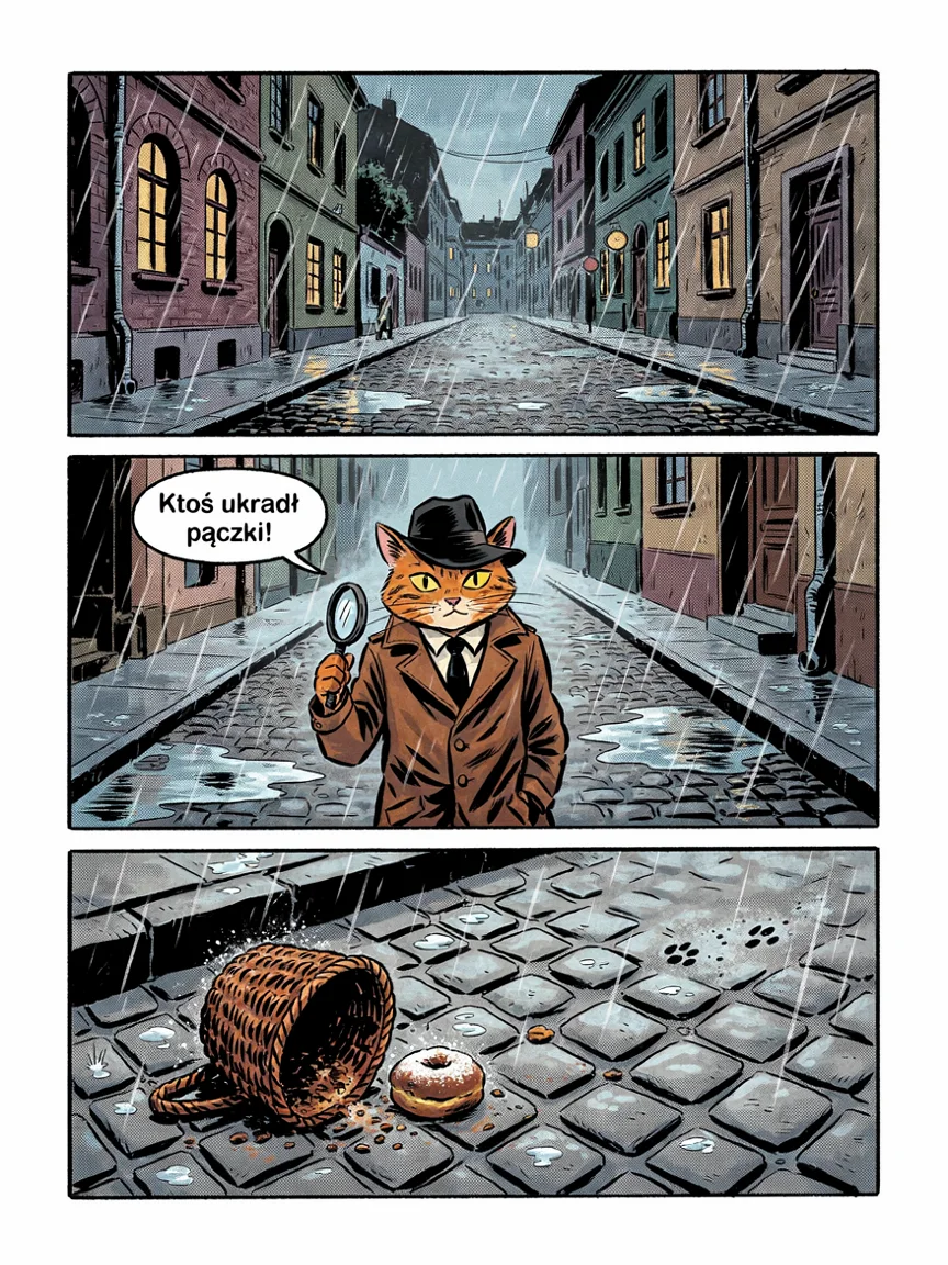 Strona komiksu w trzech kadrach: kot detektyw w prochowcu z lupą w deszczowej Łodzi, dymek Ktoś ukradł pączki