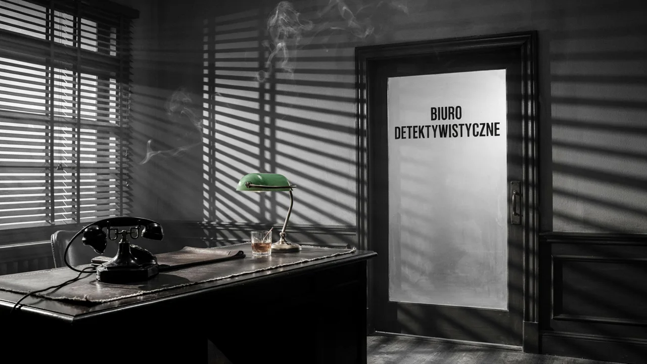 Kadr film noir: biuro detektywa w cieniach żaluzji, stary telefon na biurku, napis Biuro detektywistyczne na szybie drzwi