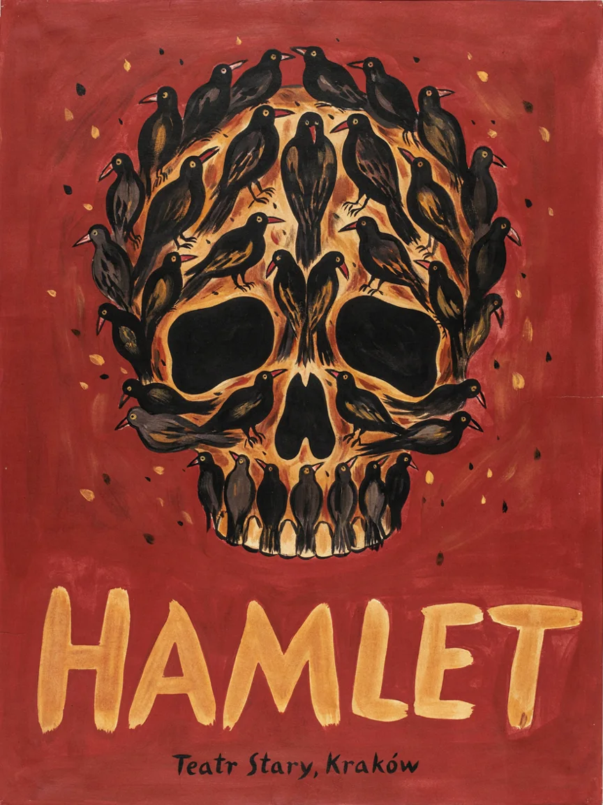Plakat teatralny Hamlet w stylu polskiej szkoły plakatu: czaszka ułożona z czarnych ptaków na czerwonym tle