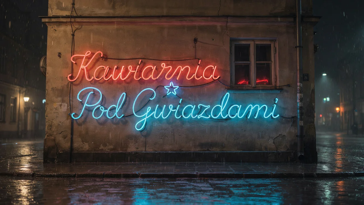 Nocne zdjęcie neonu Kawiarnia Pod Gwiazdami na starej kamienicy w deszczu, czerwone i niebieskie rurki
