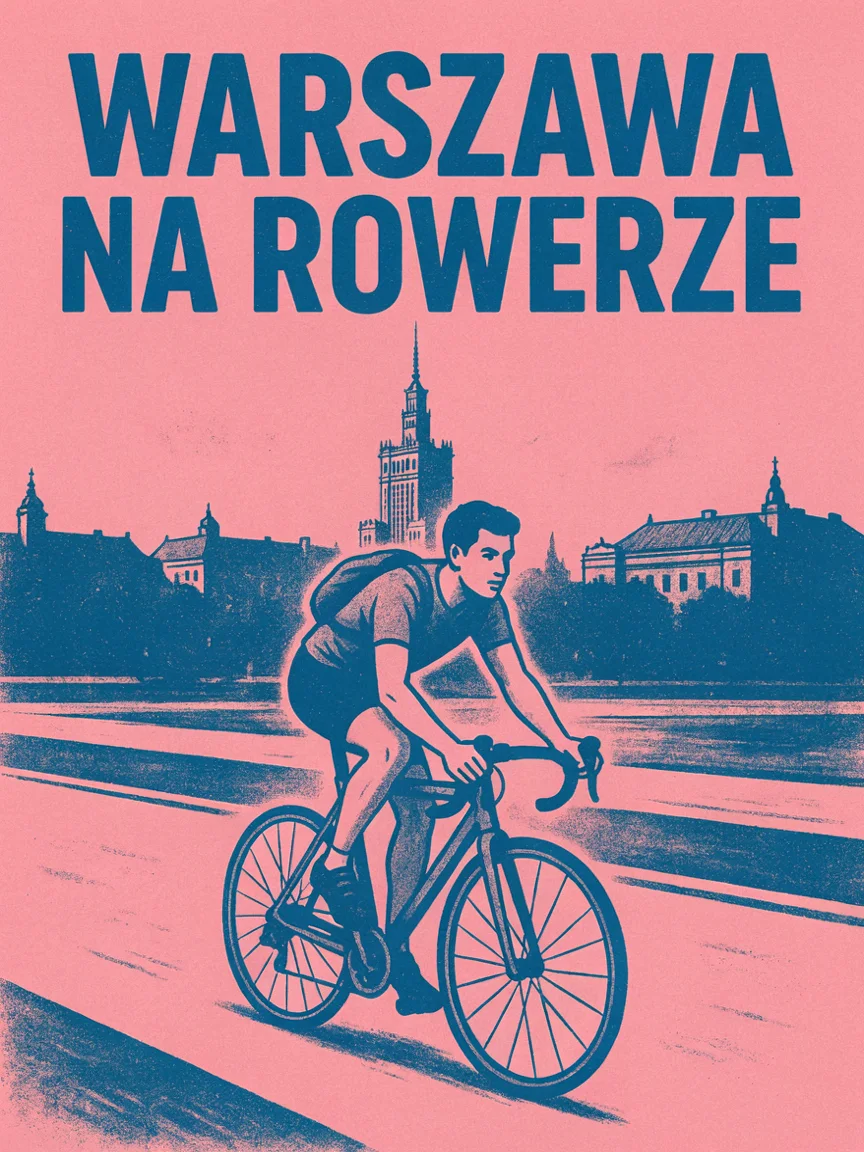 Plakat w stylu risografii: rowerzysta na tle Pałacu Kultury, granatowy druk na różowym papierze, napis Warszawa na rowerze