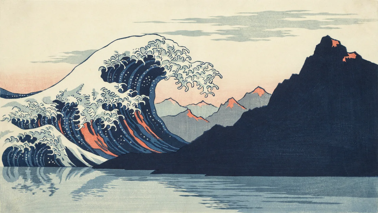 Drzeworyt w stylu ukiyo-e: wielka fala w stylu Hokusaia obok ciemnego szczytu górskiego, indygo i róż