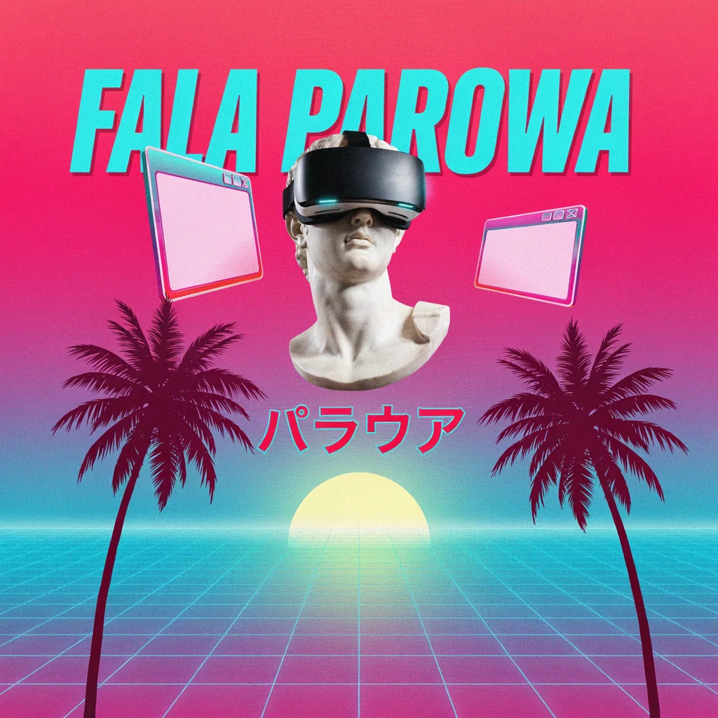 Grafika vaporwave: marmurowe popiersie w goglach VR, palmy, różowo-błękitny zachód słońca i siatka, napis Fala parowa