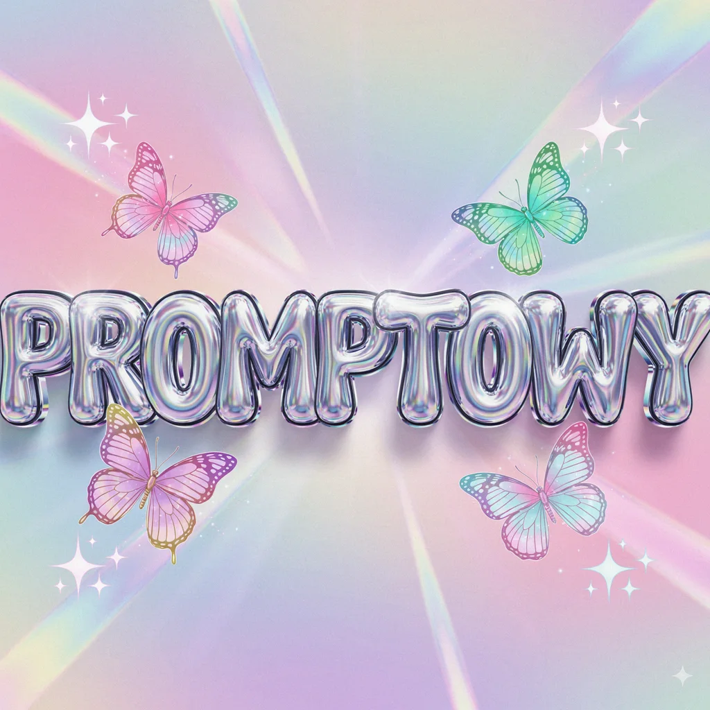Grafika Y2K: chromowany napis PROMPTOWY w stylu baloników, holograficzne tło i motyle