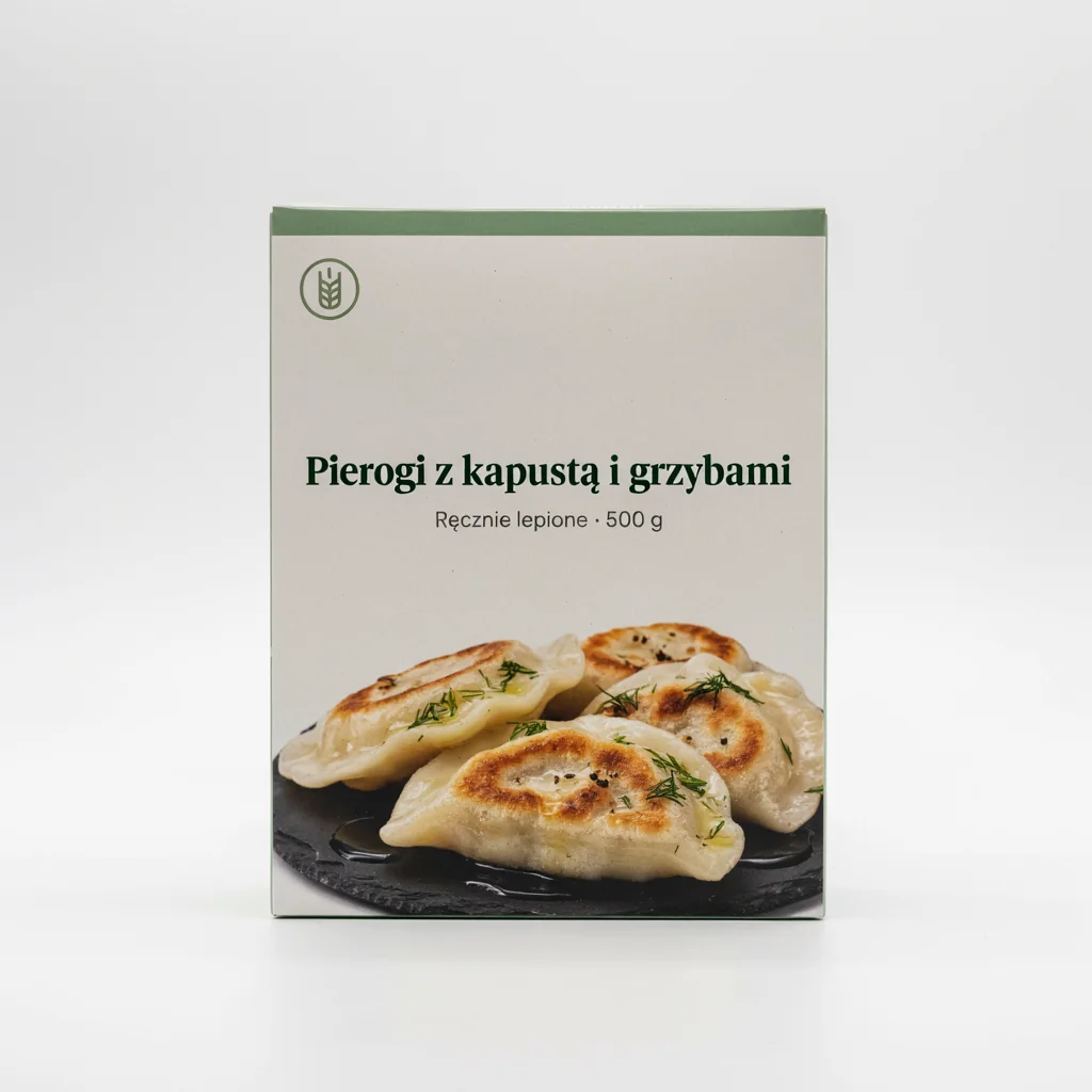 Opakowanie pierogów z kapustą i grzybami z Ideogram 4.5