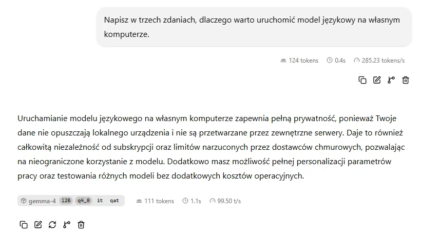 Czat llama-server w przeglądarce z odpowiedzią Gemmy 4 12B po polsku i szybkością 99,5 tokena na sekundę