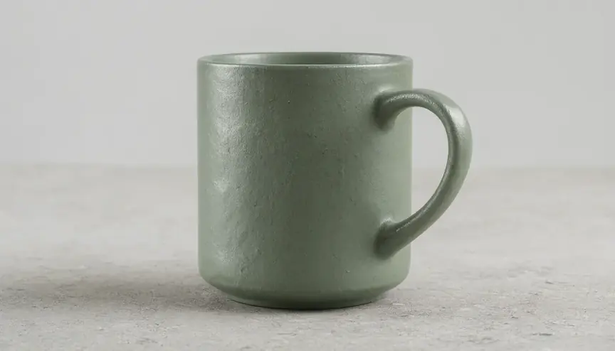 Qwen-Image 2.1: matowy zielony kubek ceramiczny w studiu