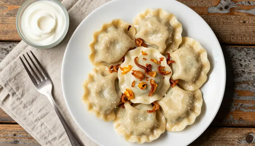 Z-Image Turbo: talerz pierogów z cebulką, śmietana w miseczce obok