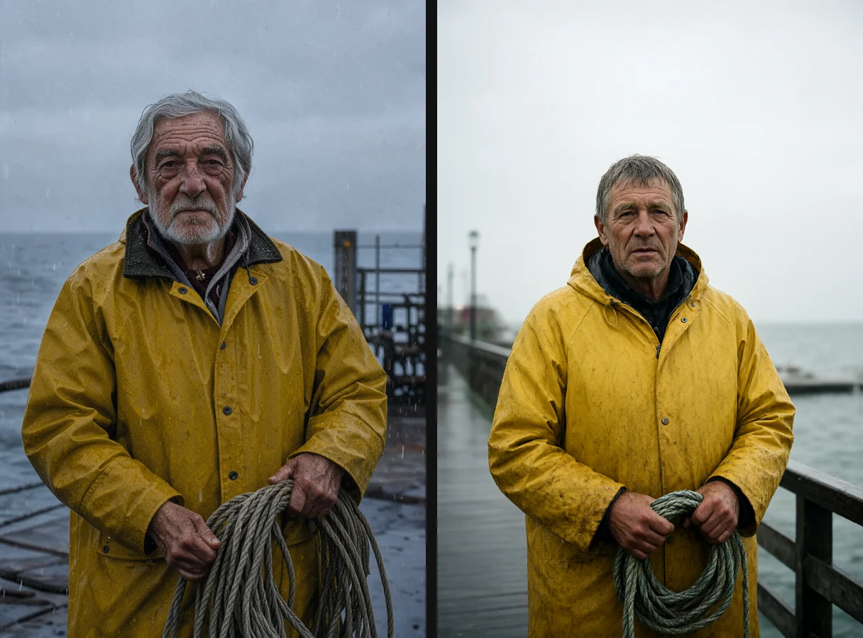 FLUX 3 Klein i Qwen Turbo - portret rybaka w deszczu