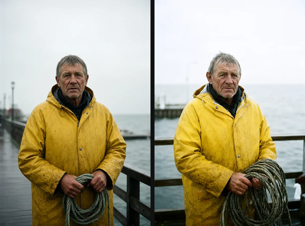 Qwen-Image 2.1 Turbo - portret rybaka, porównanie ze zwykłym 2.1