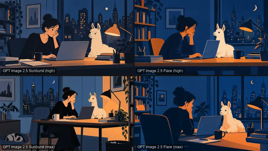 Cztery płaskie ilustracje osoby przy laptopie z lamą z GPT Image 2.5 Sunburst i Flare