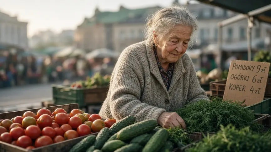 Starsza kobieta przy straganie z pomidorami i ogórkami, z kartką cen po polsku, wygenerowana przez Grok Imagine Image 2.0