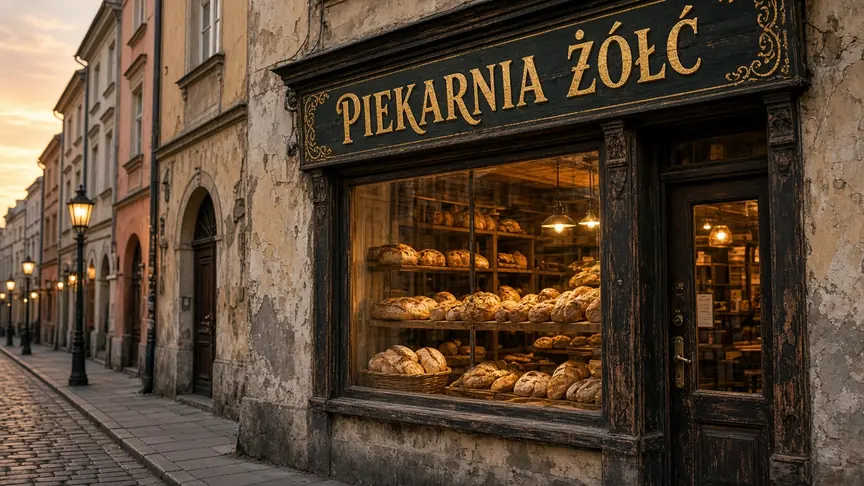 Witryna krakowskiej piekarni z ozdobnym szyldem PIEKARNIA ŻÓŁĆ wygenerowana przez Grok Imagine Image 2.0