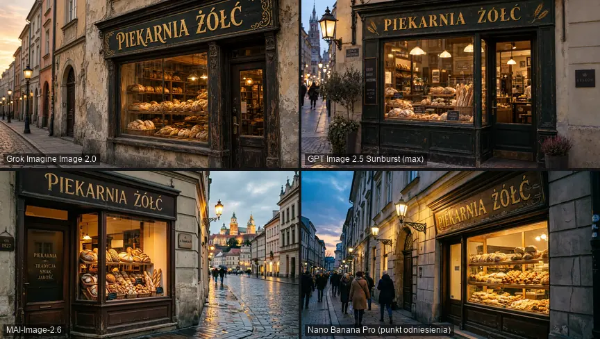 Szyld PIEKARNIA ŻÓŁĆ z Grok Imagine 2.0, GPT Image 2.5 Sunburst, MAI-Image-2.6 i Nano Banana Pro
