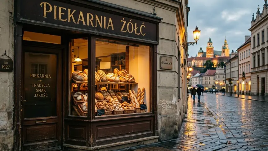 Witryna krakowskiej piekarni z poprawnym szyldem PIEKARNIA ŻÓŁĆ wygenerowana przez MAI-Image-2.6