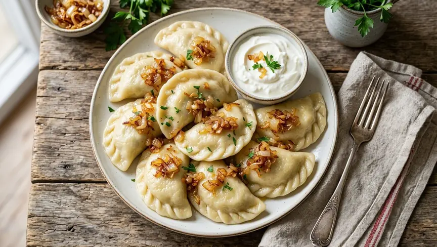 Talerz gotowanych pierogów z cebulką i śmietaną w miseczce na drewnianym stole, wygenerowany przez MAI-Image-2.6