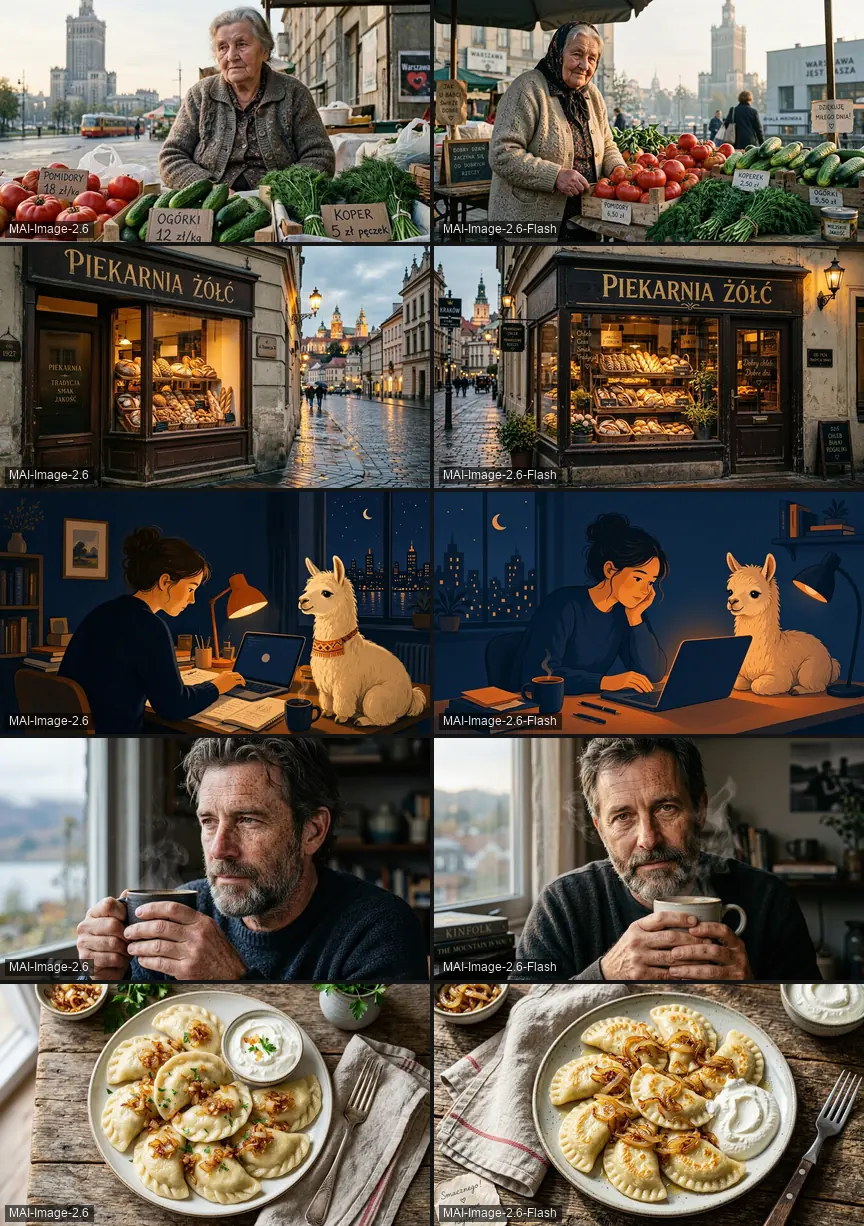 Pięć par obrazów z MAI-Image-2.6 i MAI-Image-2.6-Flash: targ, szyld piekarni, ilustracja z lamą, portret i pierogi