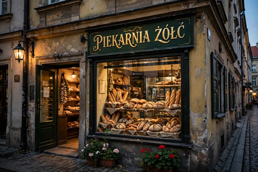 Witryna krakowskiej piekarni z zielonym szyldem PIEKARNIA ŻÓŁĆ wygenerowana przez Muse Image