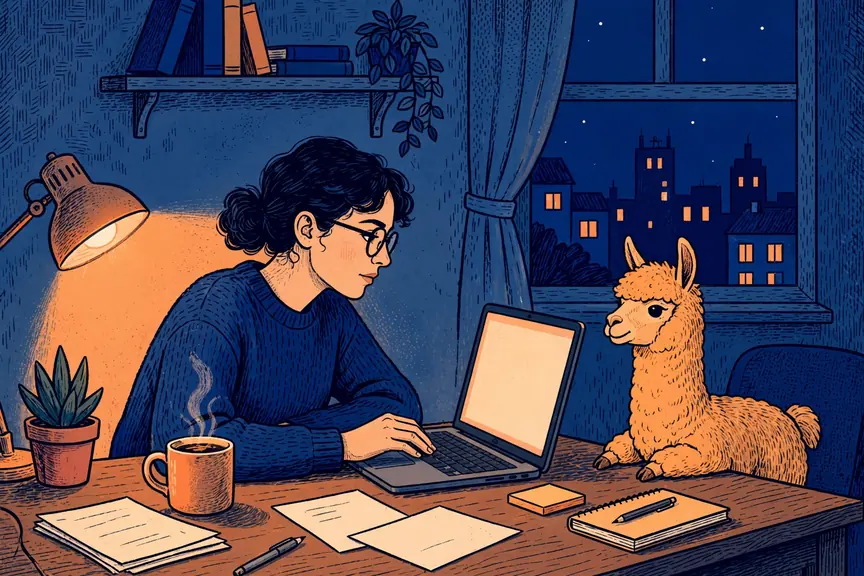 Ilustracja kobiety pracującej nocą przy laptopie z pomarańczową lamą na biurku, w granatowo-pomarańczowej palecie, z Muse Image