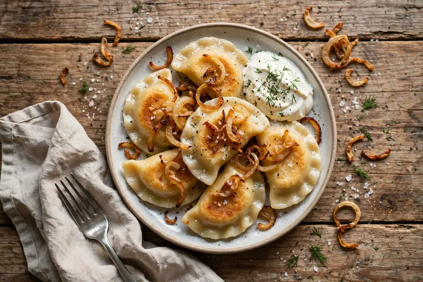 Talerz podsmażanych pierogów z cebulą i śmietaną z koperkiem na drewnianym stole, z Muse Image