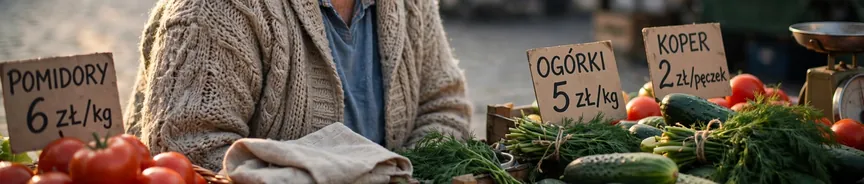 Zbliżenie kartek z cenami POMIDORY 6 zł/kg, OGÓRKI 5 zł/kg i KOPER 2 zł/pęczek z obrazu Muse Image