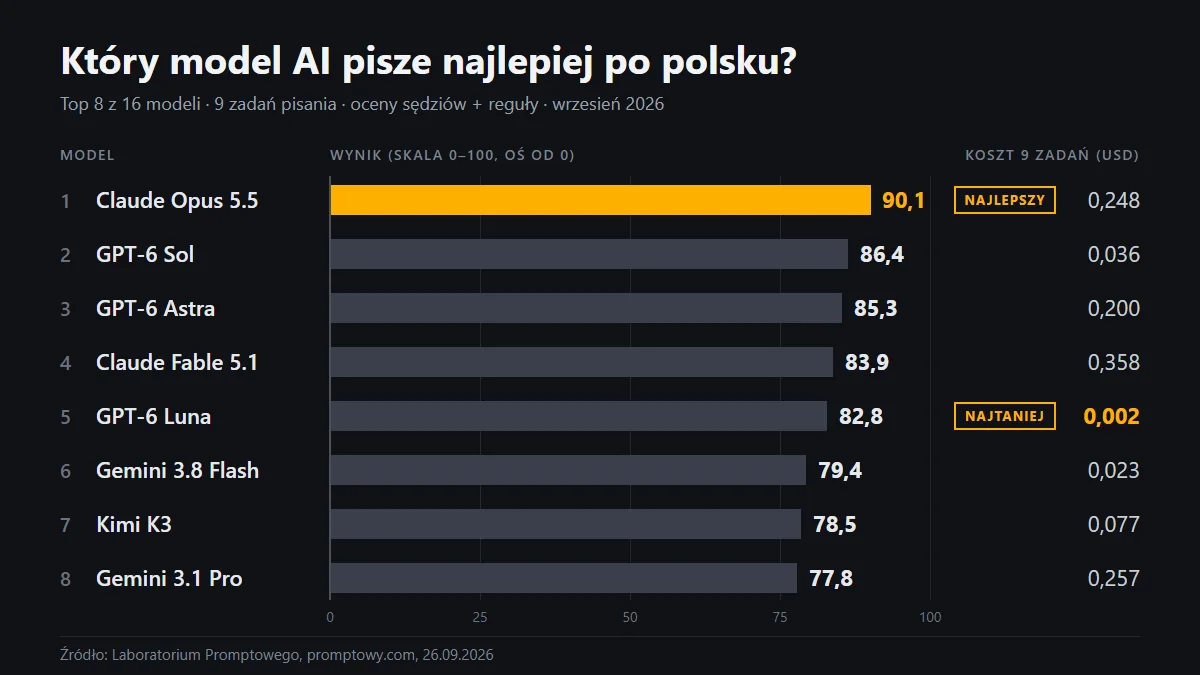 Infografika SVG z rankingiem 8 modeli AI w pisaniu po polsku, wersja pierwsza